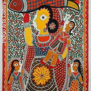 Fish-Carrying Woman with Daughter and Son - Mithila painting