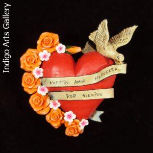 "Nuestro Amor Florecera Por Siempre" (Our love blooms forever) - Retablo Heart Ornament