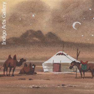 Mongolian Nightscape with Yurt and Camel and Horse.