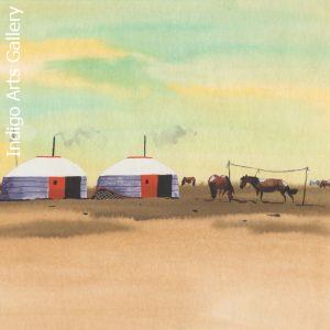 Mongolian Landscape with Yurts and Horses